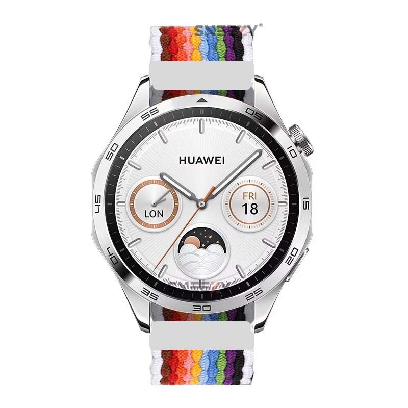 Sneezy Huawei Watch Ultimate - Watch Buds 22mm Uyumlu Metal Klips Solo Fiberlink Örgü Kordon Beyaz Gökkuşağı