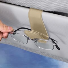 Araç İçi Gözlük Tutucu Deri Manyetik Kart ve Gözlük Tutucu Klips Oto Gözlük Tutucu Bej