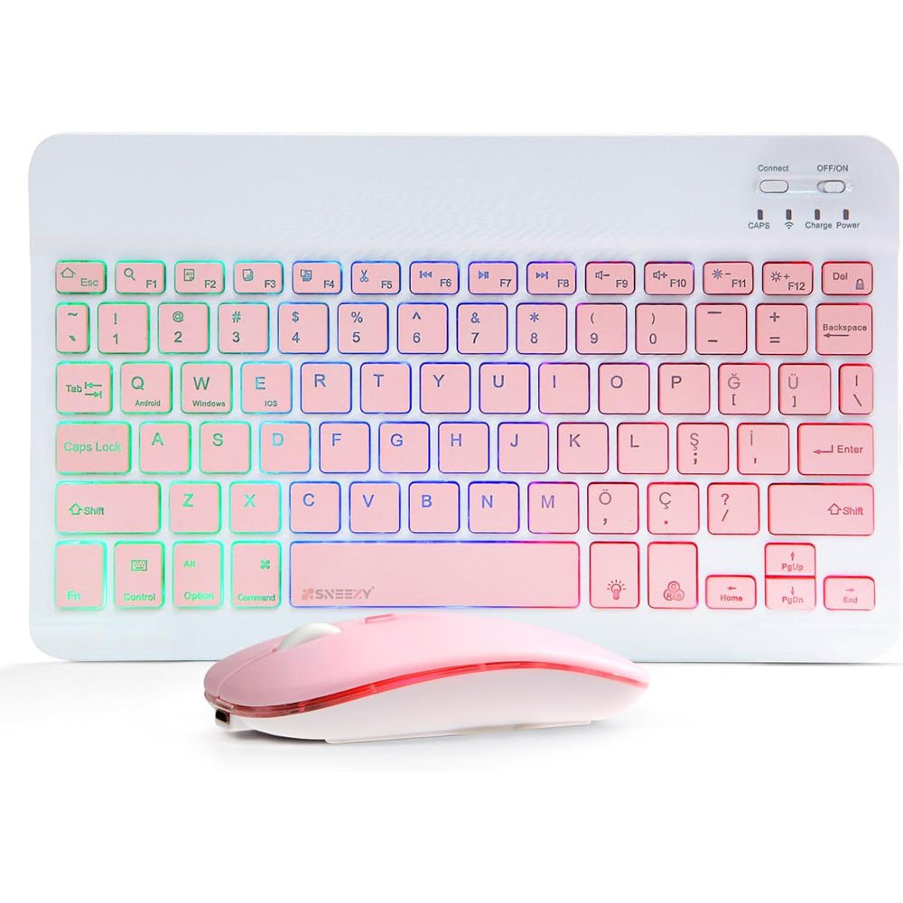 Apple Ipad Mini 6 8.3 Inç 2021 Uyumlu Rgb Işıklı Bluetooth & Wireless Türkçe Klavye Mouse Seti Pembe - Pembe