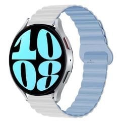 Samsung Galaxy Watch 5 40-44mm Uyumlu 20mm Harmony Duo Magnetik Silikon Kordon Beyaz - Mavi
