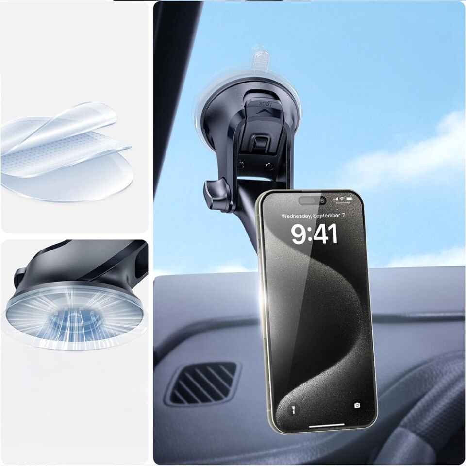 Araç İçi Manyetik Telefon Tutucu Vantuzlu Katlanabilir Teleskopik Kollu 360° Döner Dashboard ve Cam Standı