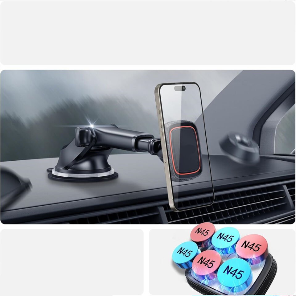 Araç İçi Manyetik Telefon Tutucu Vantuzlu Katlanabilir Teleskopik Kollu 360° Döner Dashboard ve Cam Standı