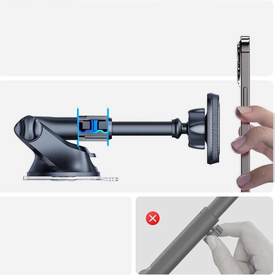 Araç İçi Manyetik Telefon Tutucu Vantuzlu Katlanabilir Teleskopik Kollu 360° Döner Dashboard ve Cam Standı