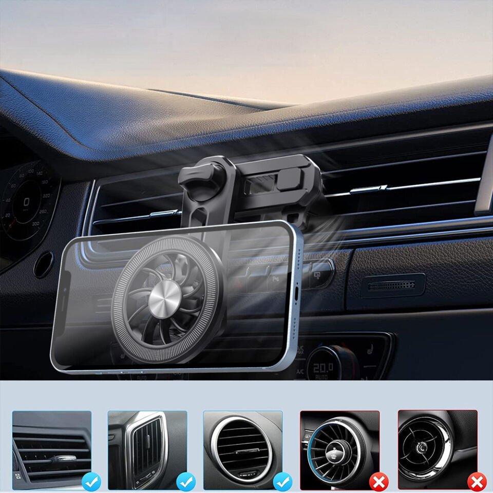 Araç İçi Manyetik Telefon Tutucu Havalandırma Izgarası Uyumlu 360° Döner Mini Fan Tasarımlı Telefon Standı