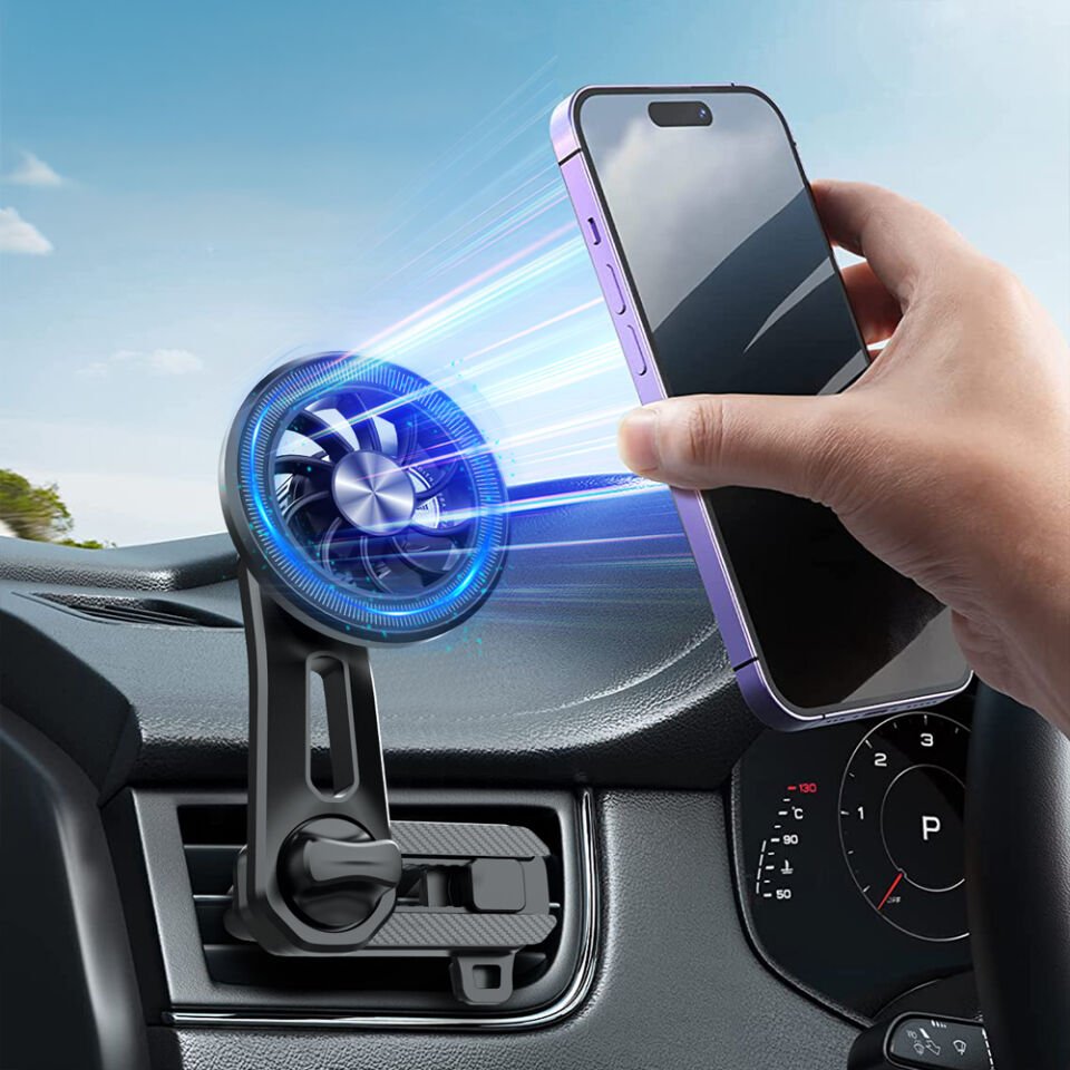 Araç İçi Manyetik Telefon Tutucu Havalandırma Izgarası Uyumlu 360° Döner Mini Fan Tasarımlı Telefon Standı