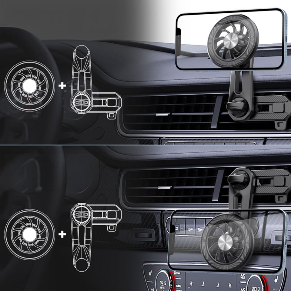 Araç İçi Manyetik Telefon Tutucu Havalandırma Izgarası Uyumlu 360° Döner Mini Fan Tasarımlı Telefon Standı