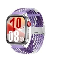 Huawei Watch Fit 4 Fit 4 Pro İle Uyumlu Metal Klipsli Solo Fiberlink Yumuşak Kumaş Örgü Kordon Lila Beyaz