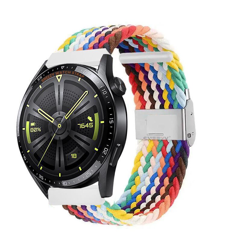 Sneezy Huawei Watch GT Runner-Sport 46mm- GT2 E 22mm Uyumlu Metal Klips Solo Fiberlink Örgü Kordon Gökkuşağı - Gökkuşağı