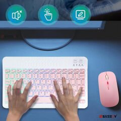 Samsung Tab S9 FE 11 inç 2024 X510 Uyumlu RGB Işıklı Bluetooth & Wireless Türkçe Klavye Mouse Seti Pembe - Pembe