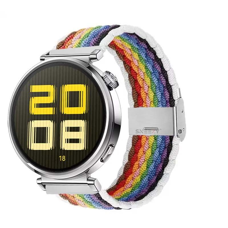 Sneezy Huawei Watch GT5 41mm İle Uyumlu Metal Klips Solo Fiberlink Kumaş Örgü Kordon Beyaz Gökkuşağı