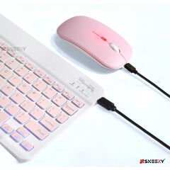 Samsung Tab S9 11 inç 2024 X710 Uyumlu RGB Işıklı Bluetooth & Wireless Türkçe Klavye Mouse Seti Pembe - Pembe