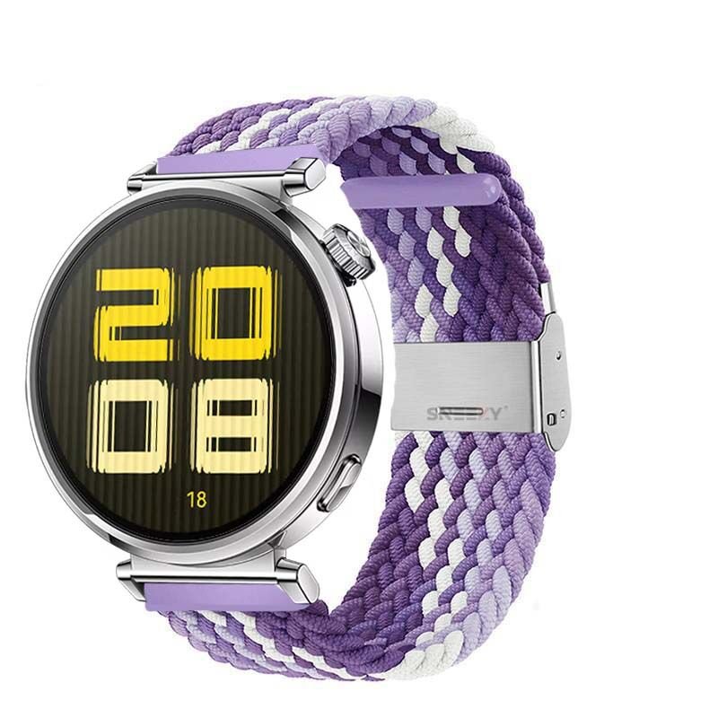 Sneezy Huawei Watch GT5 41mm İle Uyumlu Metal Klips Solo Fiberlink Kumaş Örgü Kordon Lila Beyaz