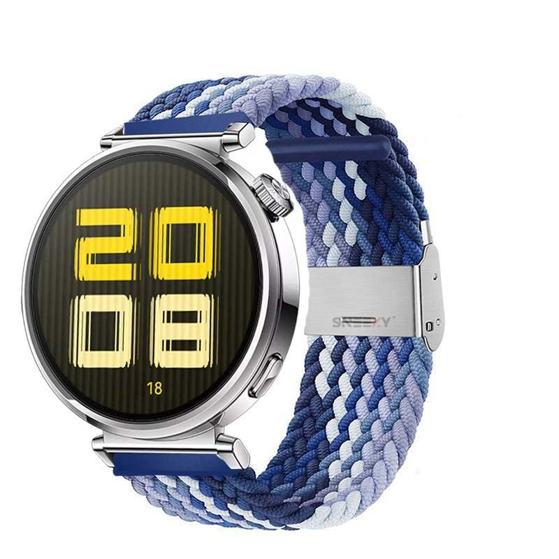 Sneezy Huawei Watch GT5 41mm İle Uyumlu Metal Klips Solo Fiberlink Kumaş Örgü Kordon Mavi Beyaz