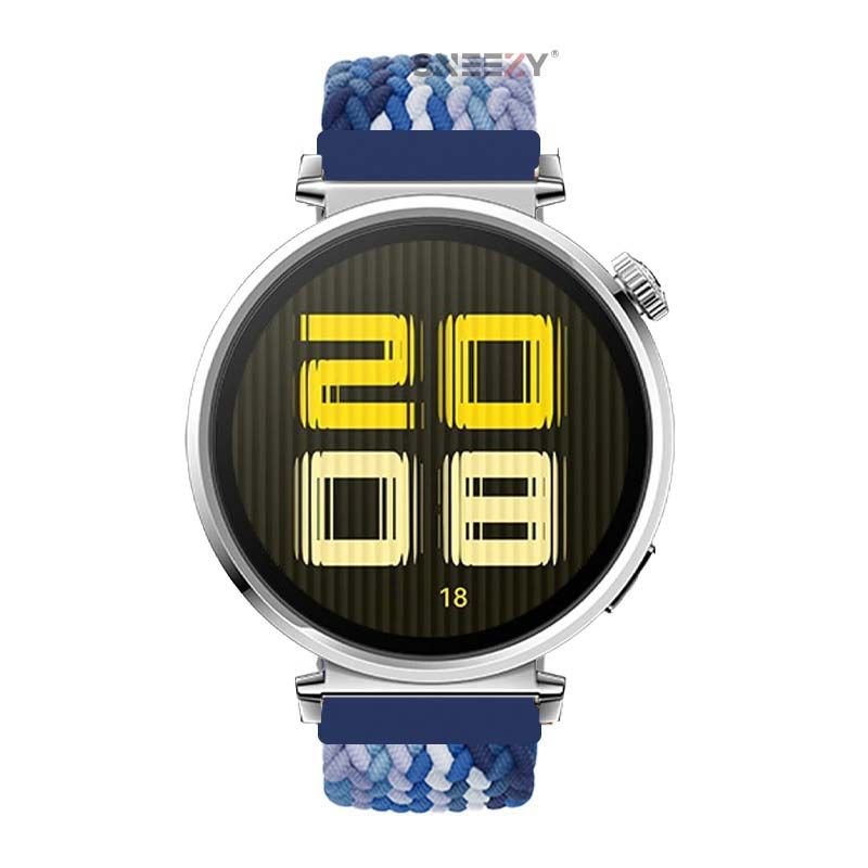 Sneezy Huawei Watch GT5 41mm İle Uyumlu Metal Klips Solo Fiberlink Kumaş Örgü Kordon Mavi Beyaz
