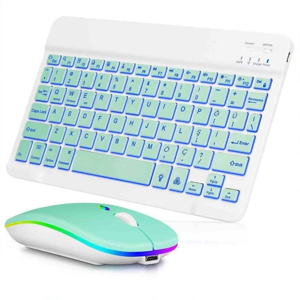 Huawei MatePad 11 inç 2023 Uyumlu RGB Işıklı Bluetooth & Wireless Türkçe Klavye Mouse Seti Yeşil - Yeşil