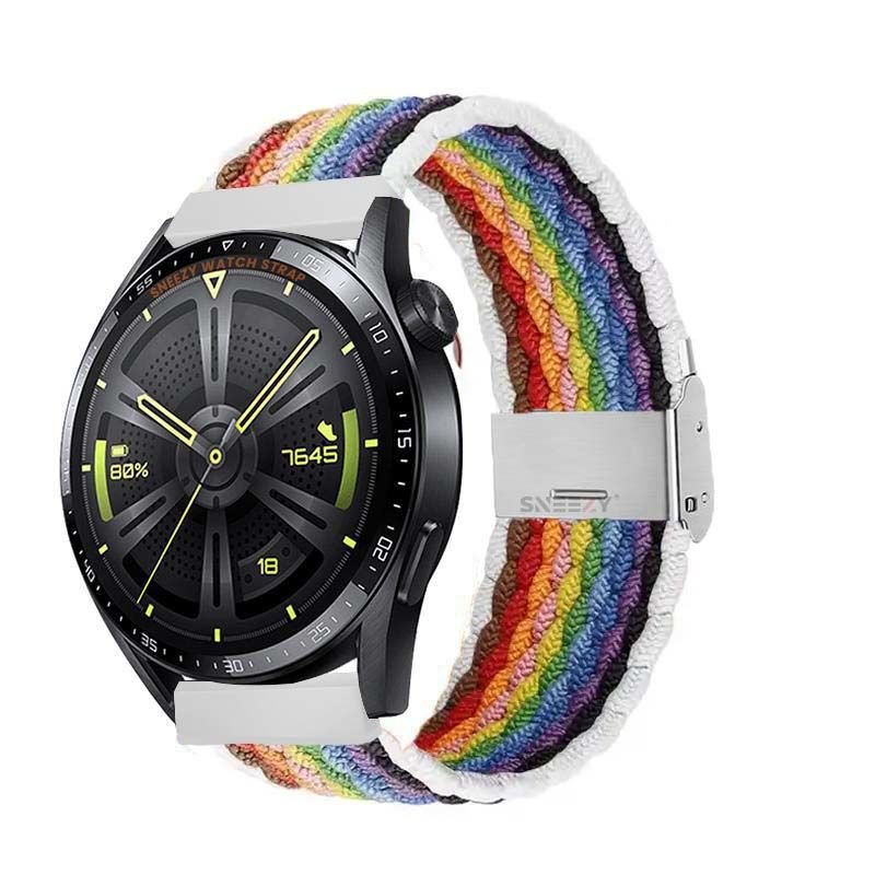 Sneezy Huawei Watch 4 46mm-Watch 4 Pro 22mm Uyumlu Metal Klips Solo Fiberlink Örgü Kordon Beyaz Gökkuşağı