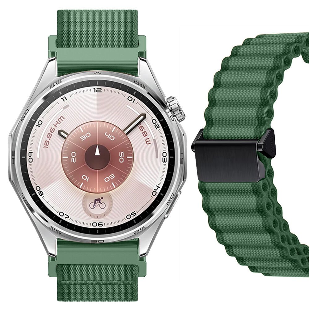 Sneezy Huawei Watch GT6 46mm İle Uyumlu AirFlow Dalgalı Naylon Spor Kordon Metal Tokalı Haki