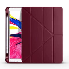 Apple iPad 9.Nesil 10.2 İnç 2021 Uyumlu Üçgen Katlanabilir Kalemlikli Standlı Akıllı Kılıf Mürdüm - Mürdüm