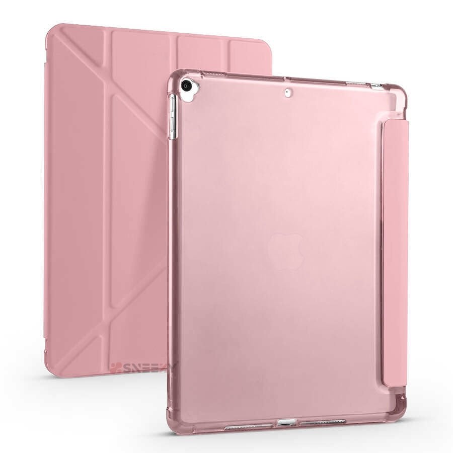 Apple iPad 9.Nesil 10.2 İnç 2021 Uyumlu Üçgen Katlanabilir Kalemlikli Standlı Akıllı Kılıf Pembe - Pembe