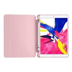 Apple iPad 9.Nesil 10.2 İnç 2021 Uyumlu Üçgen Katlanabilir Kalemlikli Standlı Akıllı Kılıf Pembe - Pembe