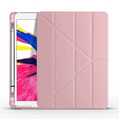 Apple iPad 9.Nesil 10.2 İnç 2021 Uyumlu Üçgen Katlanabilir Kalemlikli Standlı Akıllı Kılıf Pembe - Pembe