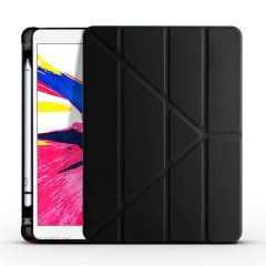 Apple iPad 8.Nesil 10.2 İnç 2020 Uyumlu Üçgen Katlanabilir Kalemlikli Standlı Akıllı Kılıf Siyah - Siyah