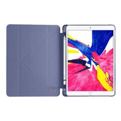 Apple iPad 7.Nesil 10.2 İnç 2019 Uyumlu Üçgen Katlanabilir Kalemlikli Standlı Akıllı Kılıf Lavanta - Lavanta