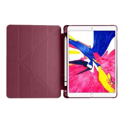 Apple iPad 7.Nesil 10.2 İnç 2019 Uyumlu Üçgen Katlanabilir Kalemlikli Standlı Akıllı Kılıf Mürdüm - Mürdüm
