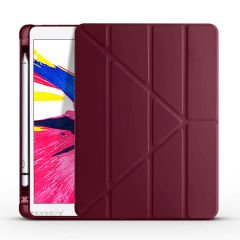 Apple iPad 7.Nesil 10.2 İnç 2019 Uyumlu Üçgen Katlanabilir Kalemlikli Standlı Akıllı Kılıf Mürdüm - Mürdüm