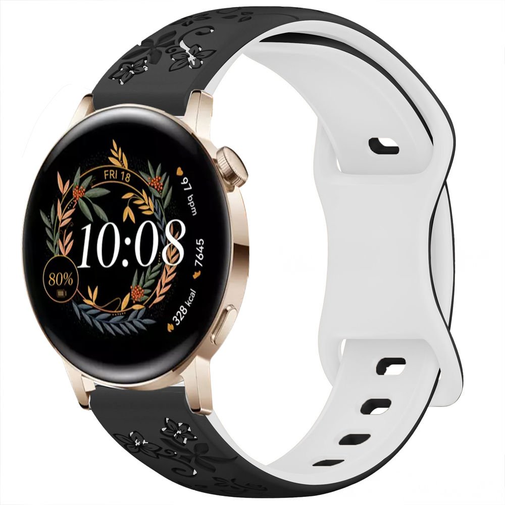 Huawei Watch GT2 GT3 42mm İle Uyumlu FloraFlex Çiçek Desenli Silikon Kordon Siyah Beyaz