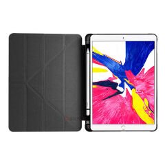 Apple iPad 7.Nesil 10.2 İnç 2019 Uyumlu Üçgen Katlanabilir Kalemlikli Standlı Akıllı Kılıf Siyah - Siyah