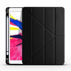 Apple iPad 7.Nesil 10.2 İnç 2019 Uyumlu Üçgen Katlanabilir Kalemlikli Standlı Akıllı Kılıf Siyah - Siyah