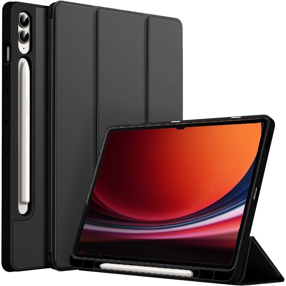 Samsung Galaxy Tab S9 Plus X810 12.4 İnç Kılıf Premium Silikon Kalem Bölmeli Smart Case Siyah