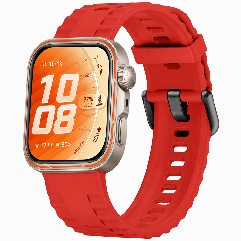 Huawei Watch Fit 5 Pro İle Uyumlu Tırtıklı Metal Tokalı Spor Silikon Kordon Kırmızı