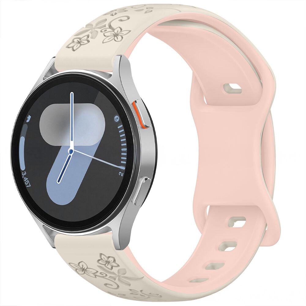 Samsung Galaxy Watch 4 5 Serisi ile Uyumlu FloraFlex Çiçek Desenli Silikon Kordon Açık Pembe