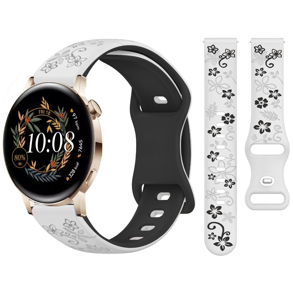Huawei Watch GT2 GT3 42mm İle Uyumlu FloraFlex Çiçek Desenli Silikon Kordon Beyaz