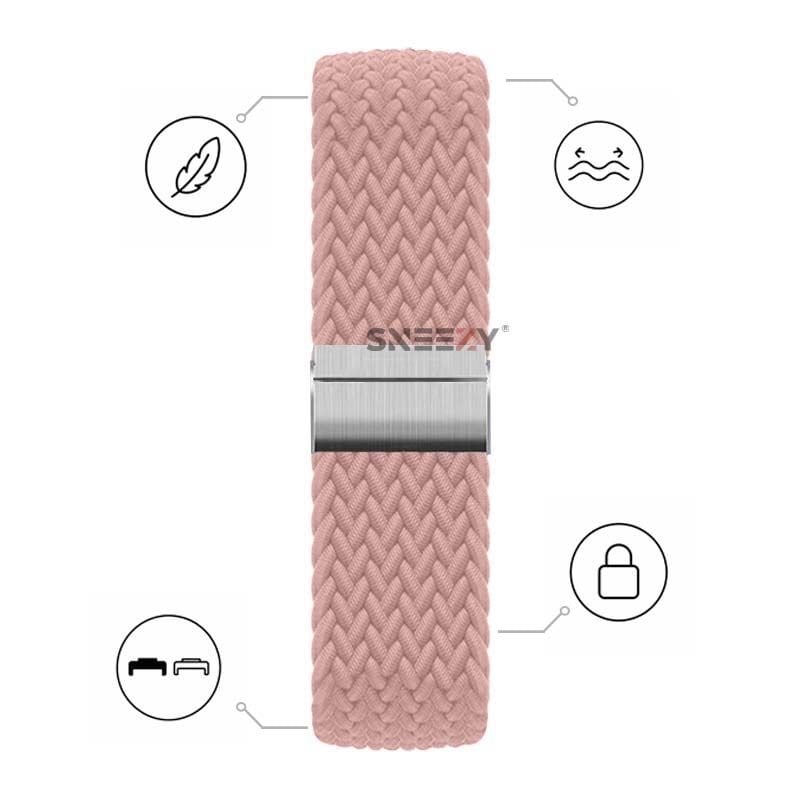 Huawei Watch Fit 5 Pro İle Uyumlu Metal Klipsli Solo Fiberlink Yumuşak Kumaş Örgü Kordon Pembe