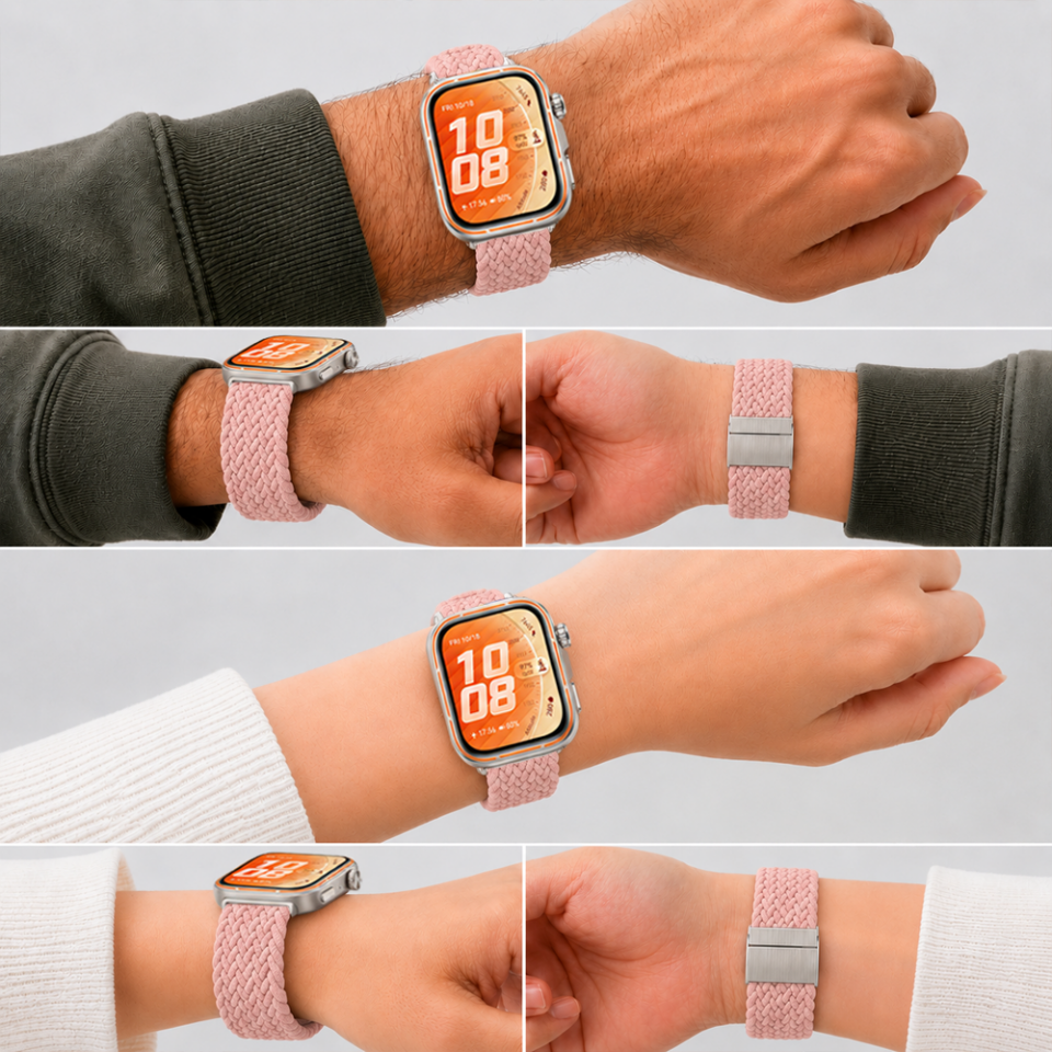 Huawei Watch Fit 5 Pro İle Uyumlu Metal Klipsli Solo Fiberlink Yumuşak Kumaş Örgü Kordon Pembe