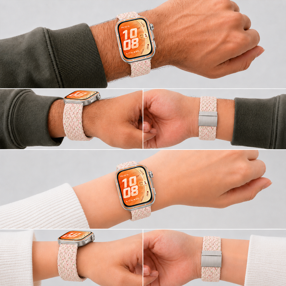 Huawei Watch Fit 5 Pro İle Uyumlu Metal Klipsli Solo Fiberlink Yumuşak Kumaş Örgü Kordon Pudra