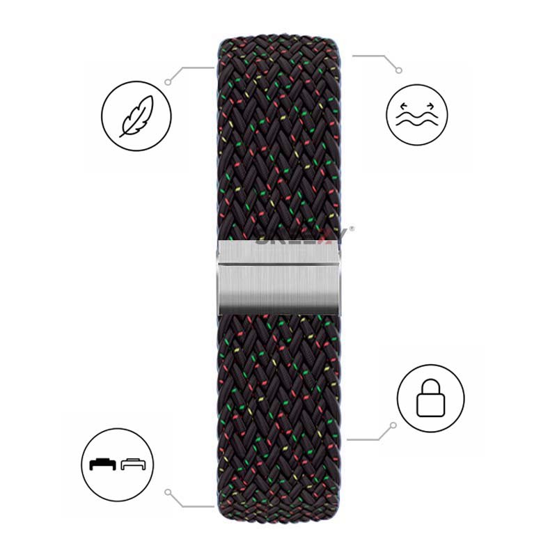 Huawei Watch Fit 5 Pro İle Uyumlu Metal Klipsli Solo Fiberlink Yumuşak Kumaş Örgü Kordon Siyah Gökkuşağı