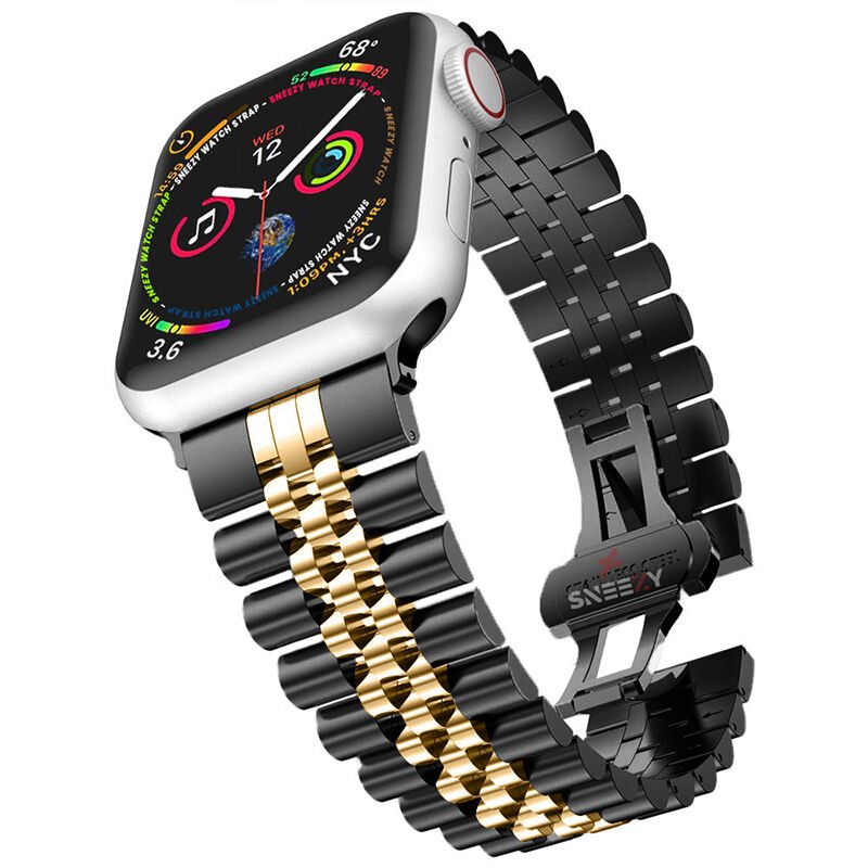 Apple Watch 42mm 44mm 45mm 1 2 3 4 5 6 7 8 Se Seri Uyumlu Ironmesh Döküm Çelik Metal Kordon Siyah - Gold
