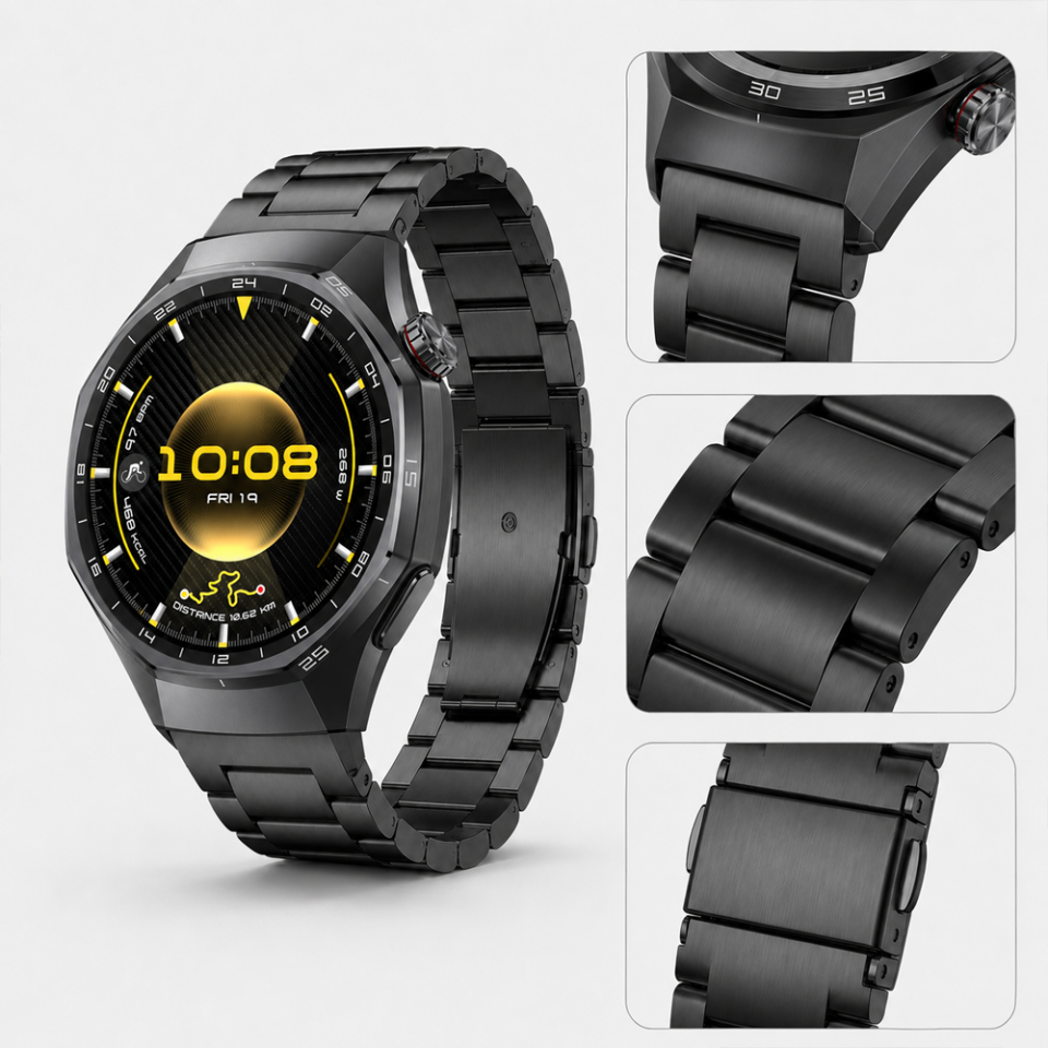 Huawei Watch GT6 Pro 46mm İle Uyumlu Katlanır Klipsli Paslanmaz Çelik Saat Kordonu Siyah