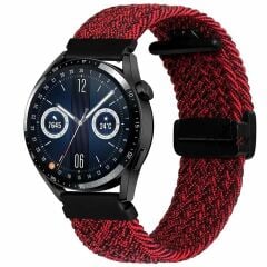 Huawei Watch GT5 46mm Uyumlu Kordon Manyetik Metal Tokalı Kumaş Örgü Kordon Kırmızı Koyu
