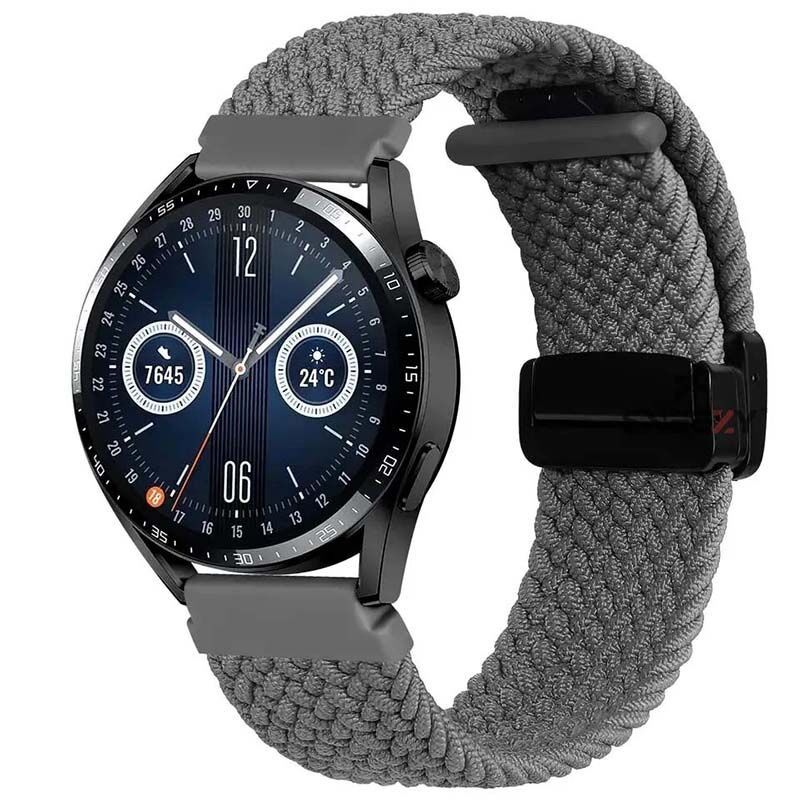 Huawei Watch GT5 46mm Uyumlu Kordon Manyetik Metal Tokalı Kumaş Örgü Kordon Koyu Gri