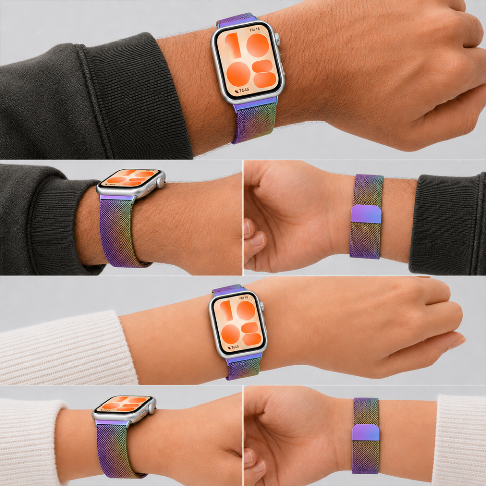 Huawei Watch Fit 5 Uyumlu Milanese Örgü Metal Mıknatıslı Ayarlanabilir Kordon Rainbow