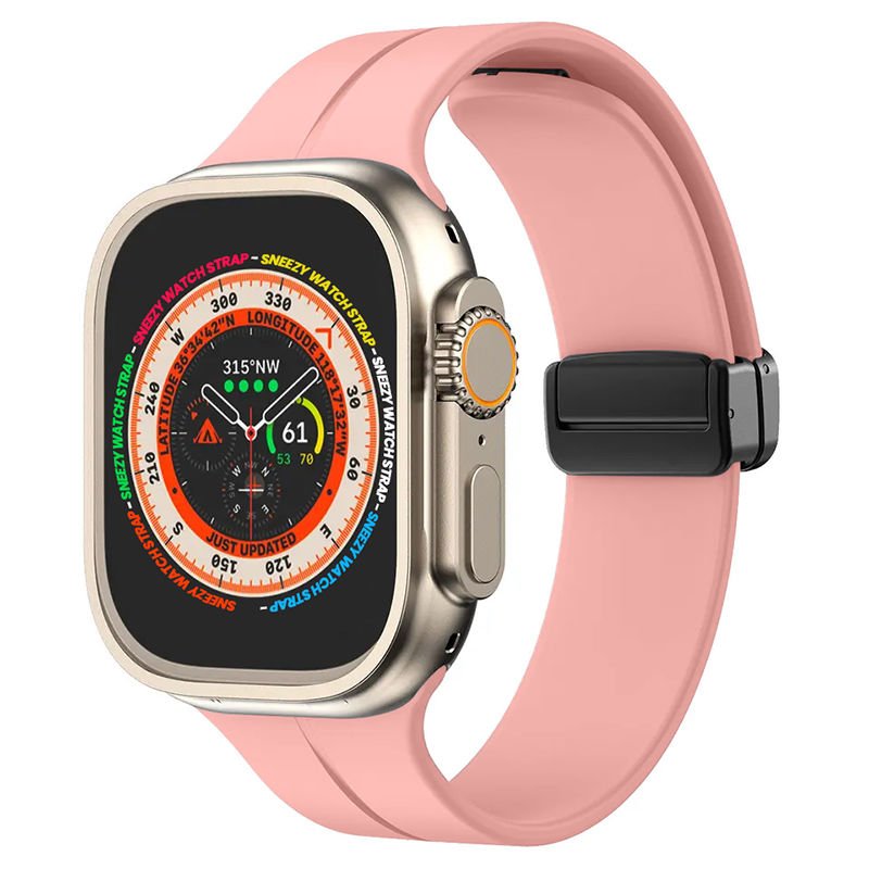 Apple Watch 49mm Ultra Seri Uyumlu Coastal Manyetik Tokalı Silikon Kordon Pembe Açık