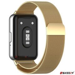 Sneezy Samsung Galaxy Fit 3 İle Uyumlu Woven Wire Tasarım Metal Hasır Kordon Gold - Gold