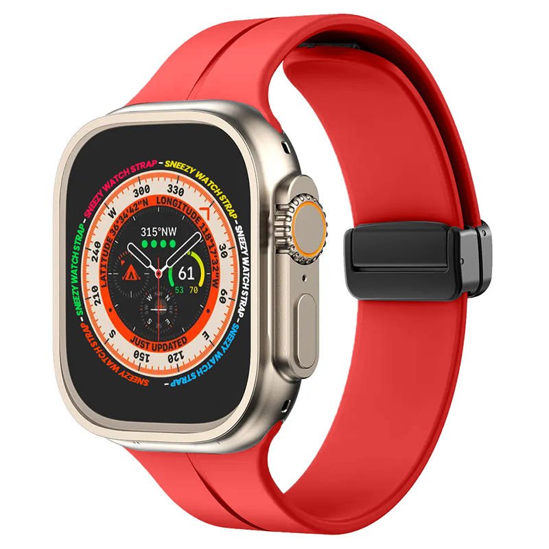 Apple Watch 49mm Ultra Seri Uyumlu Coastal Manyetik Tokalı Silikon Kordon Kırmızı