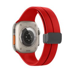Apple Watch 49mm Ultra Seri Uyumlu Coastal Manyetik Tokalı Silikon Kordon Kırmızı