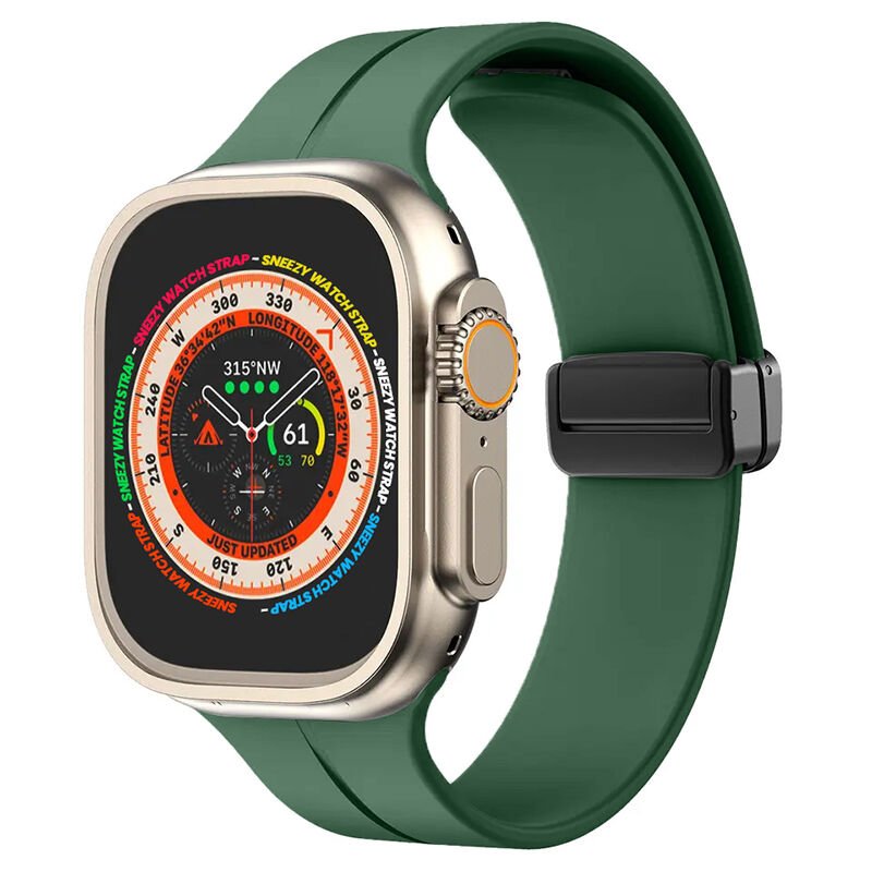 Apple Watch 49mm Ultra Seri Uyumlu Coastal Manyetik Tokalı Silikon Kordon Koyu Yeşil